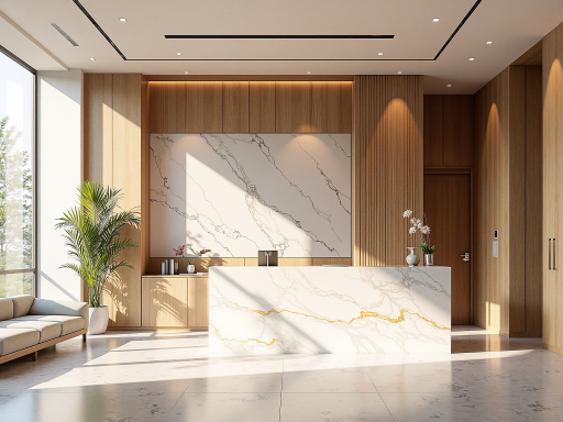 公司前台接待区域，现代简约设计，玻璃幕墙背景，前台工作人员正在接待访客，温暖灯光