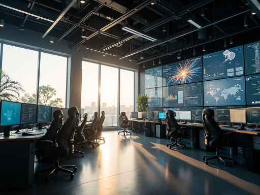 现代化科技感办公室，多个屏幕显示数据分析图表，年轻团队成员正在协作工作，高科技设备，明亮灯光